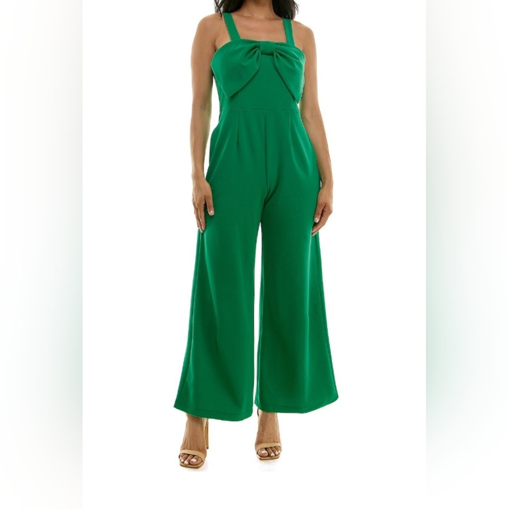 Nina Leonard Large Bow Jumpsuit (Green)